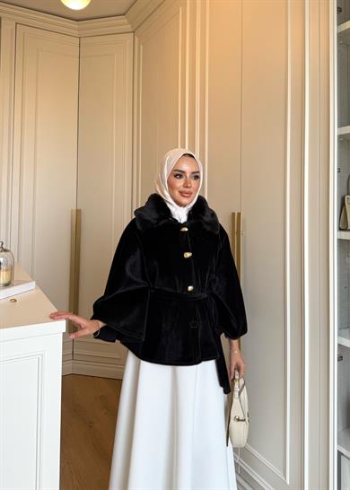 Kürk Detaylı Panço Siyah