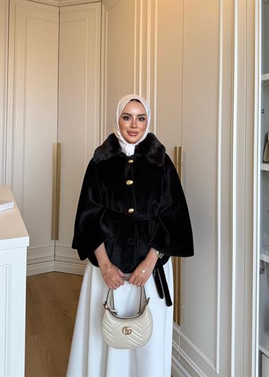 Kürk Detaylı Panço Siyah