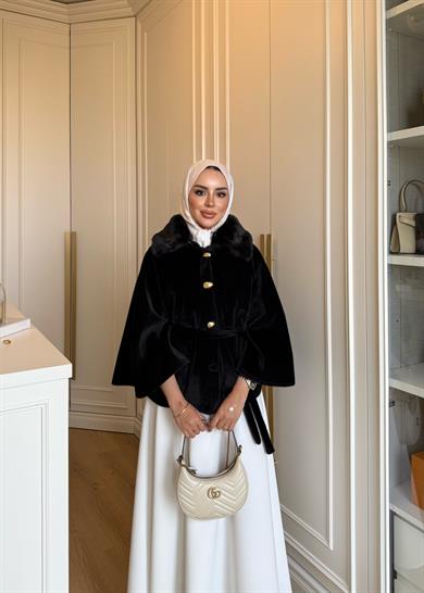 Kürk Detaylı Panço Siyah