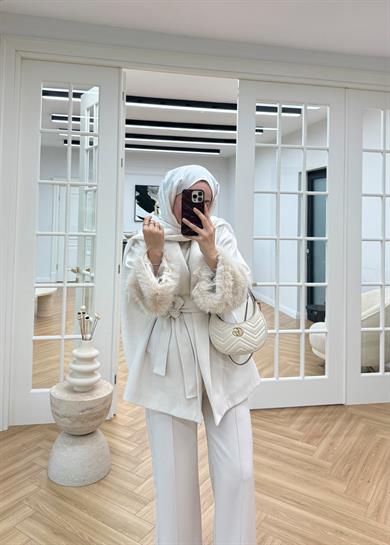 Kürk Kollu Kaşe Kaban Ekru