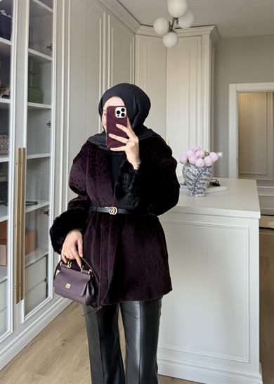 Kürk Kollu Leopar Kaban Bordo
