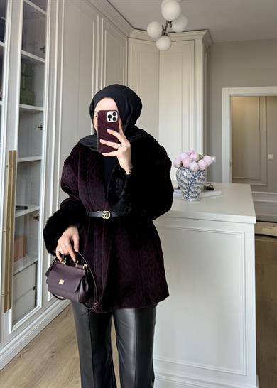 Kürk Kollu Leopar Kaban Bordo