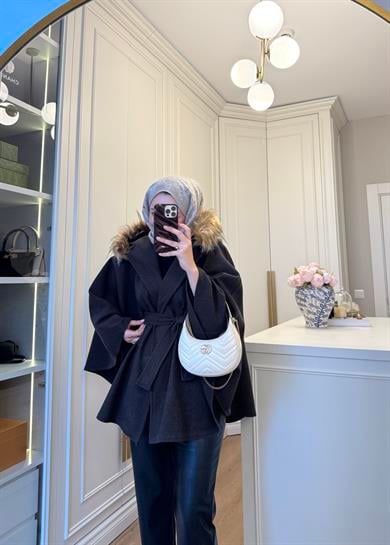 Kürk Şapkalı Kaşe Kaban Kahve