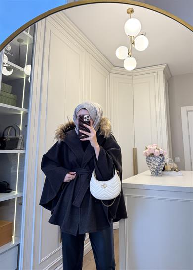 Kürk Şapkalı Kaşe Kaban Kahve