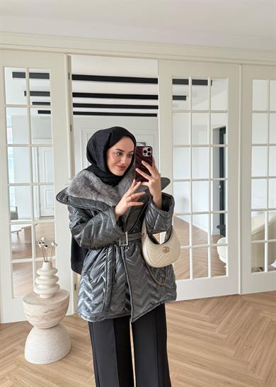 Kürklü Rugan Şişme Mont Antrasit