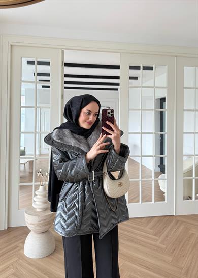 Kürklü Rugan Şişme Mont Antrasit