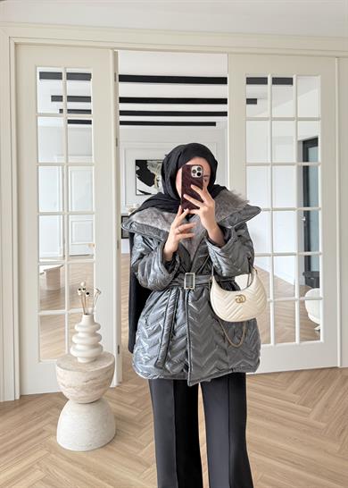 Kürklü Rugan Şişme Mont Antrasit