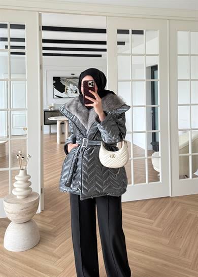 Kürklü Rugan Şişme Mont Antrasit