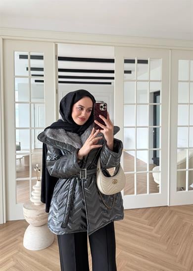 Kürklü Rugan Şişme Mont Antrasit