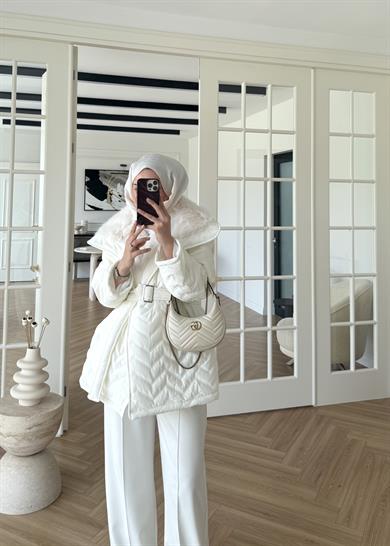 Kürklü Rugan Şişme Mont Ekru