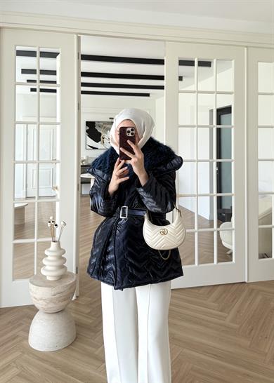 Kürklü Rugan Şişme Mont Lacivert