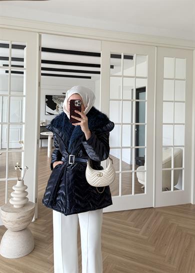 Kürklü Rugan Şişme Mont Lacivert