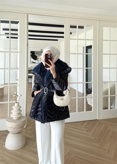 Kürklü Rugan Şişme Mont Lacivert