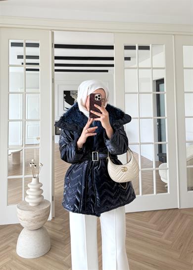 Kürklü Rugan Şişme Mont Lacivert