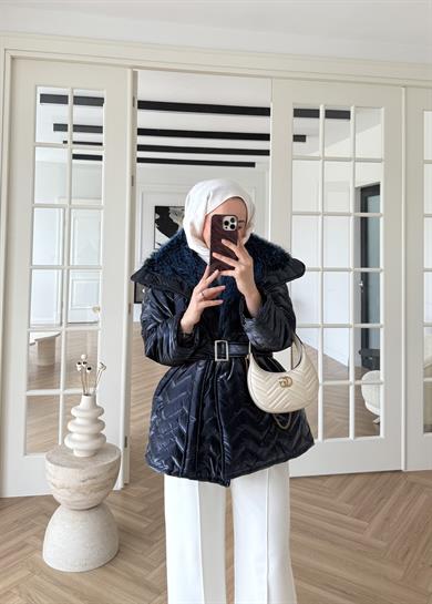 Kürklü Rugan Şişme Mont Lacivert