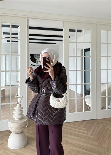 Kürklü Rugan Şişme Mont Mürdüm