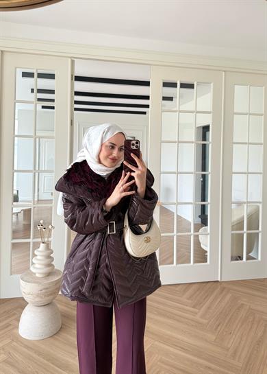 Kürklü Rugan Şişme Mont Mürdüm