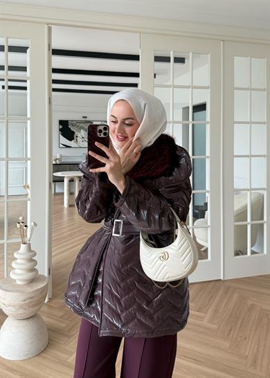 Kürklü Rugan Şişme Mont Mürdüm