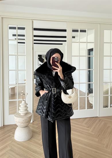 Kürklü Rugan Şişme Mont Siyah