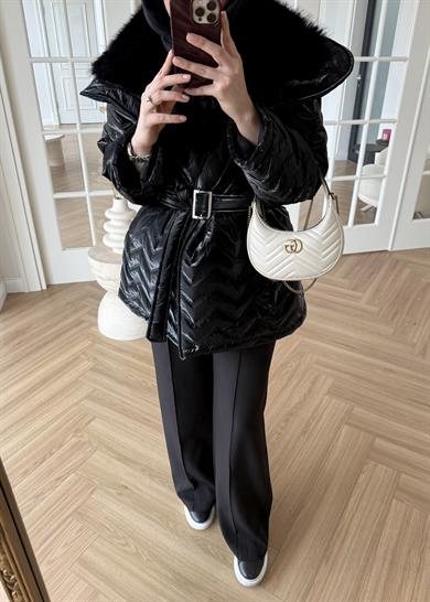 Kürklü Rugan Şişme Mont Siyah