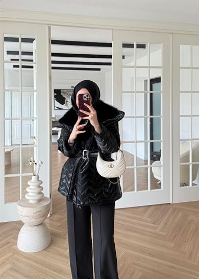 Kürklü Rugan Şişme Mont Siyah