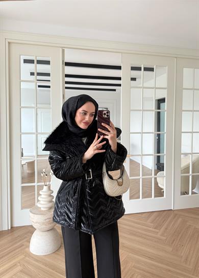 Kürklü Rugan Şişme Mont Siyah