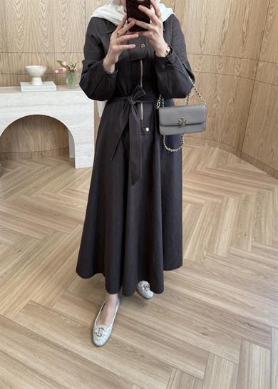 Kuşaklı Kot Elbise Kahverengi