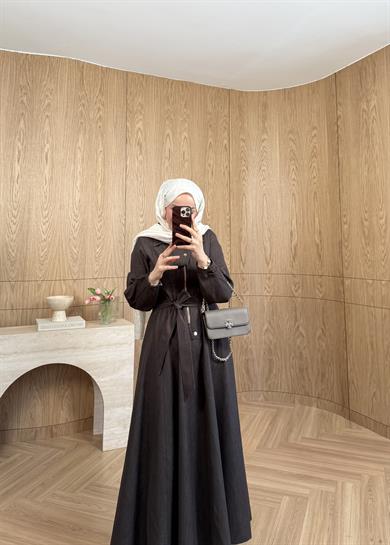 Kuşaklı Kot Elbise Kahverengi