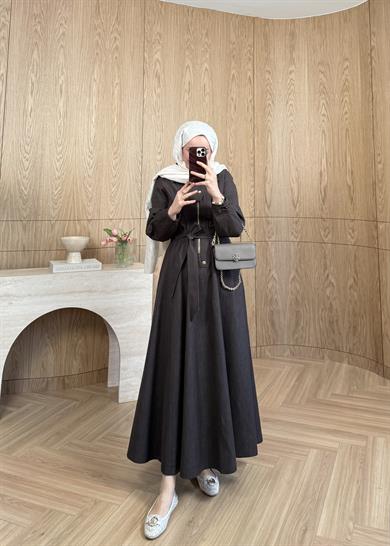 Kuşaklı Kot Elbise Kahverengi