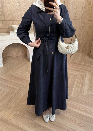 Kuşaklı Kot Elbise Lacivert