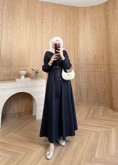 Kuşaklı Kot Elbise Lacivert