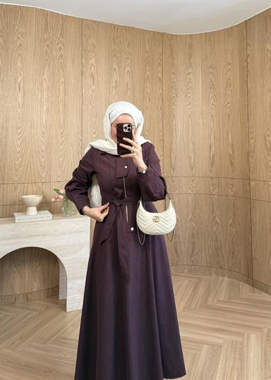 Kuşaklı Kot Elbise Mürdüm