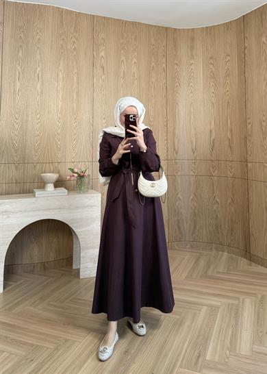 Kuşaklı Kot Elbise Mürdüm