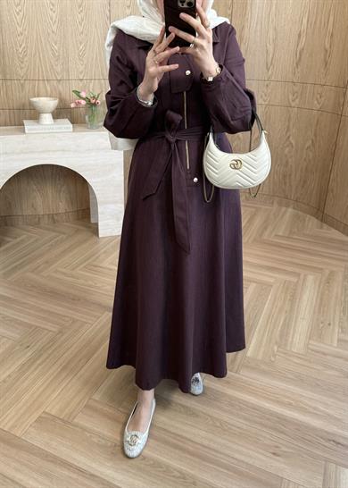 Kuşaklı Kot Elbise Mürdüm