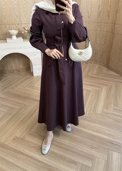 Kuşaklı Kot Elbise Mürdüm