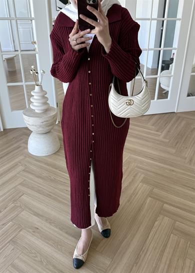 Ladie Uzun Triko Elbise Bordo
