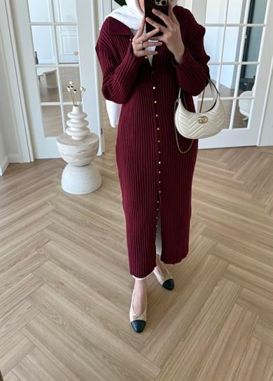 Ladie Uzun Triko Elbise Bordo