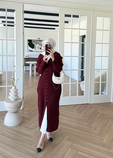 Ladie Uzun Triko Elbise Bordo