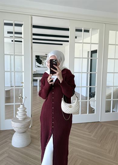 Ladie Uzun Triko Elbise Bordo