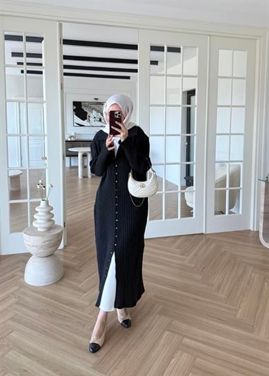 Ladie Uzun Triko Elbise Siyah