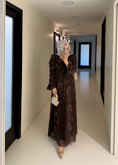 Lara Tül Şifon Elbise Kahverengi