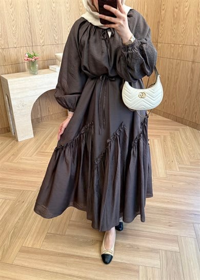 Lavin Büzgü Detaylı Elbise Kahve