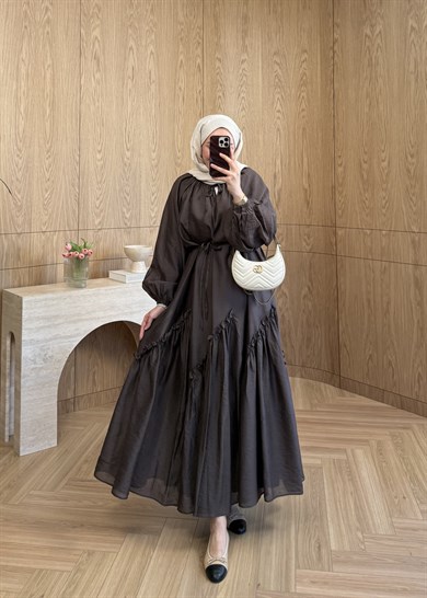 Lavin Büzgü Detaylı Elbise Kahve