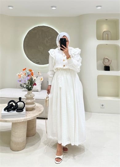 Lena Düğme Detaylı Elbise Ekru