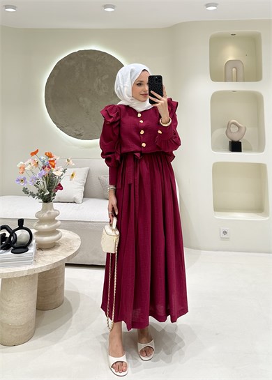 Lena Düğme Detaylı Elbise Mürdüm