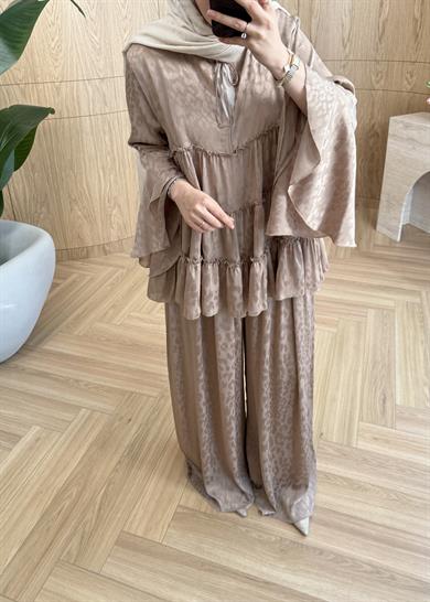 Leopar Desen Şifon Takım Camel