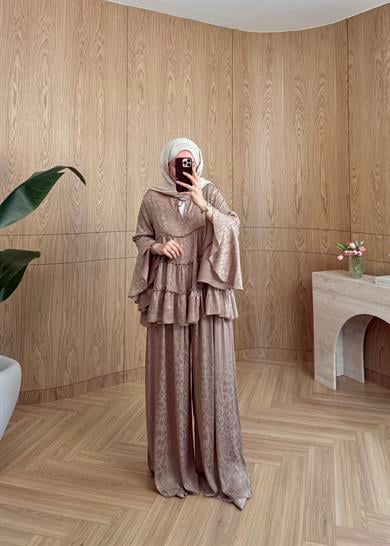 Leopar Desen Şifon Takım Camel