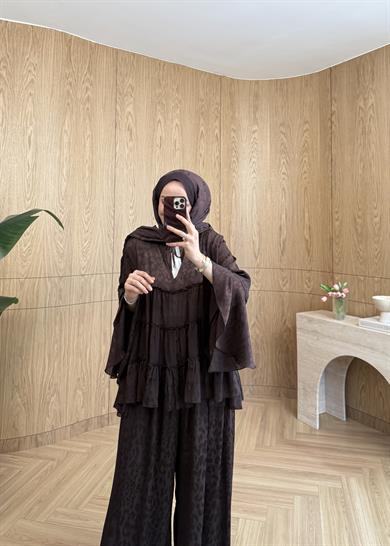 Leopar Desen Şifon Takım Kahve