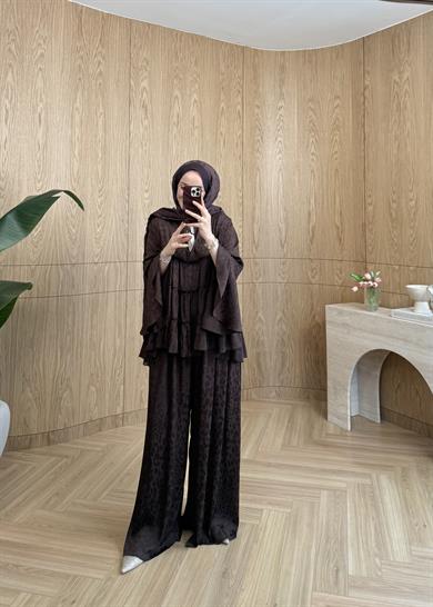 Leopar Desen Şifon Takım Kahve