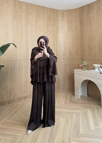 Leopar Desen Şifon Takım Kahve